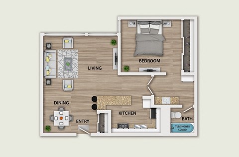 Floor plan for 1 bed, 1 bath, 700 sqft